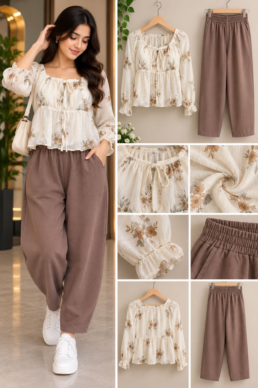 Ivory Floral Print Tiered Blouse with Brown Balloon-Leg Pants