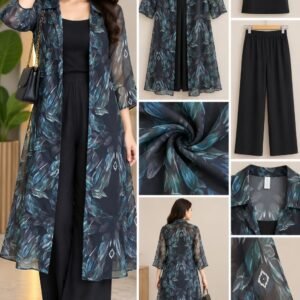 Teal Leaf Print Sheer Duster Kimono with Black Cami and Black Wide-Leg Pants