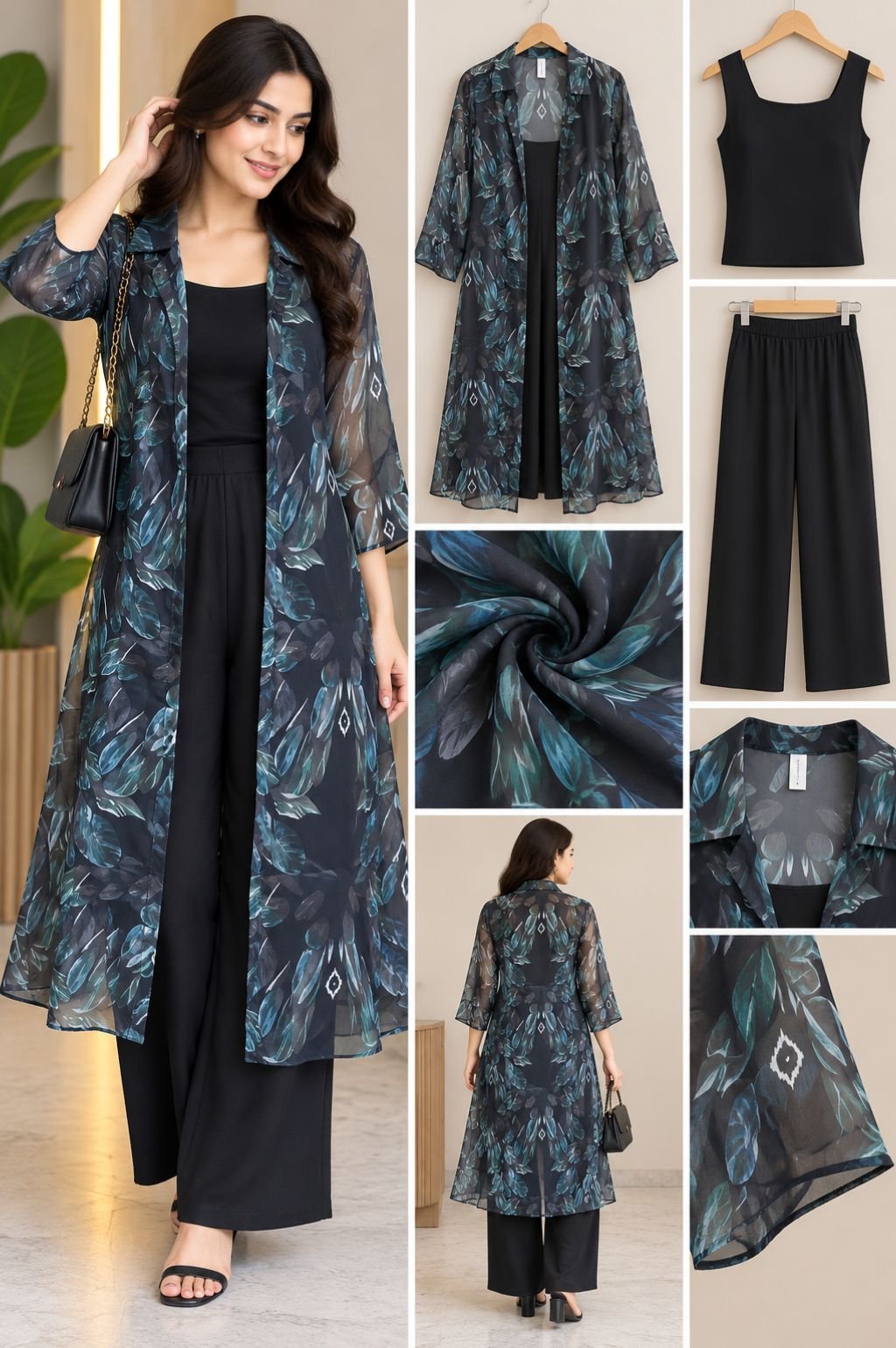 Teal Leaf Print Sheer Duster Kimono with Black Cami and Black Wide-Leg Pants