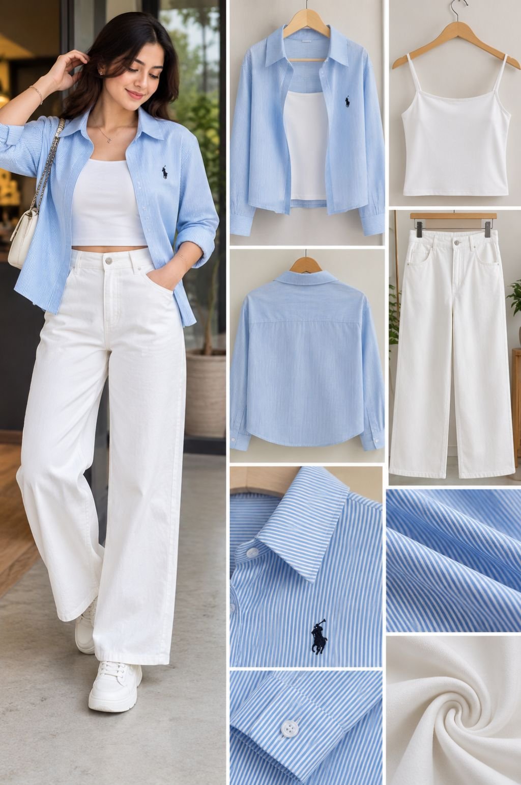 Blue Striped Cotton Overshirt with White Cami and White Wide-Leg Jeans