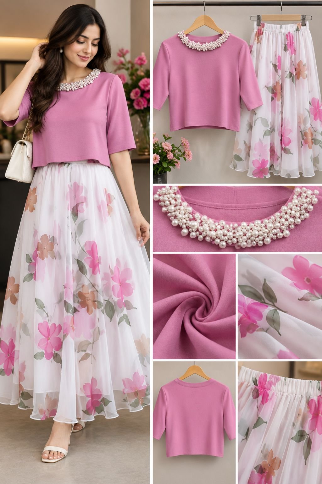 Pink Pearl-Embellished Top with Floral Chiffon Maxi Skirt