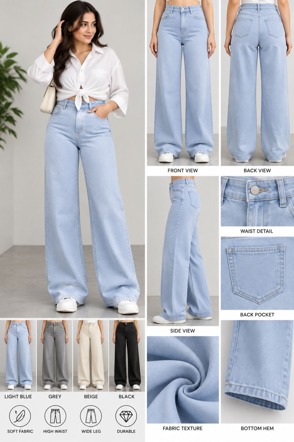 Light Blue High-Waist Wide-Leg Jeans