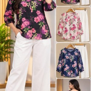 Ladies Black Floral Print Top with White Pants Co-ord Set