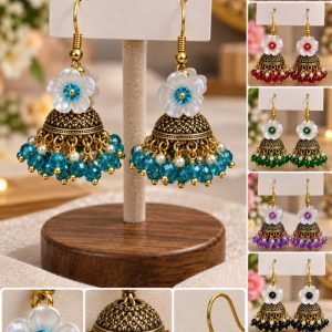 White Flower Crystal Jhumka Earrings
