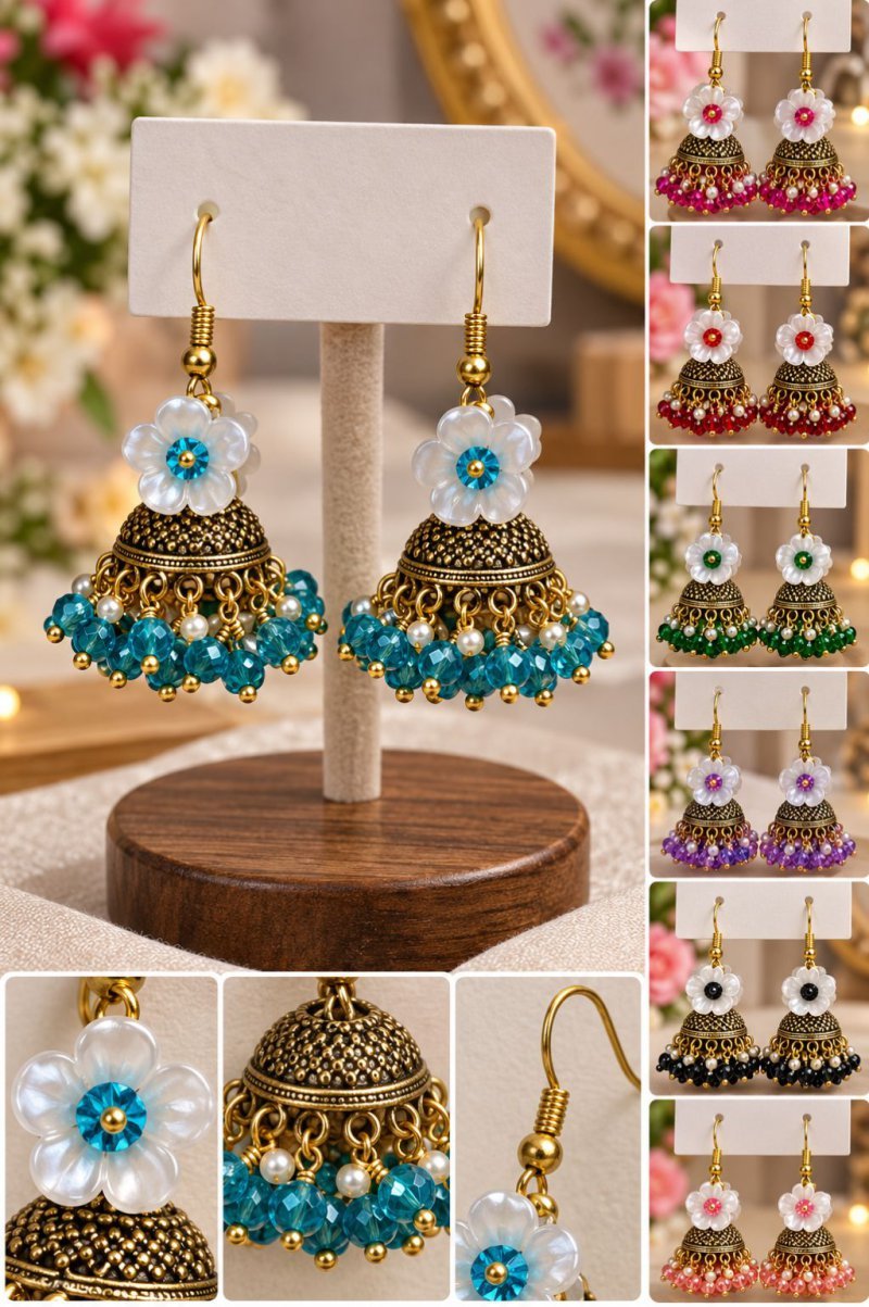 White Flower Crystal Jhumka Earrings