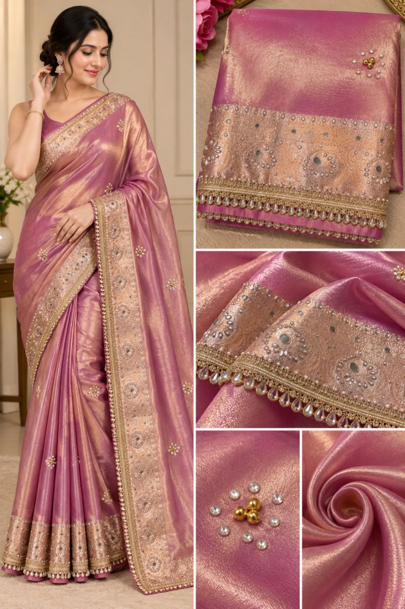 Pink Tissue Saree with Mirror Work Border