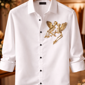Men's White Shirt with Gold Skeleton Embroidery – Premium Casual Wear