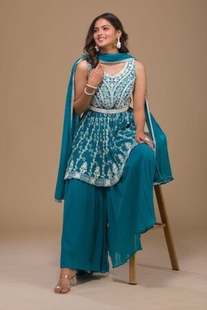 Aquamarine Hand-Embroidered Georgette Sharara Suit - Ready-to-Wear