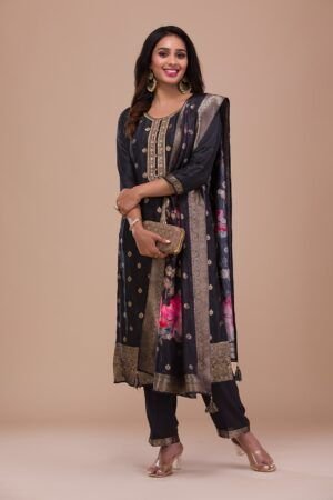 Elegant Black Zariwork Art Silk Readymade Salwar Suit