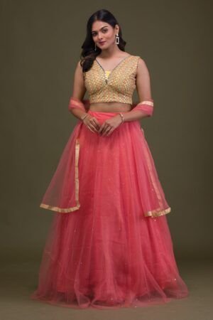 Golden Shimmer Mirror Embellished Net Readymade Lehenga